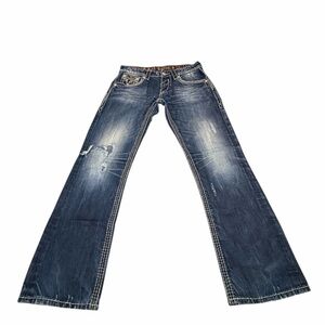 Men’s Rock Revival Dark Blue Denim Jeans Jasper Slim Straight 32